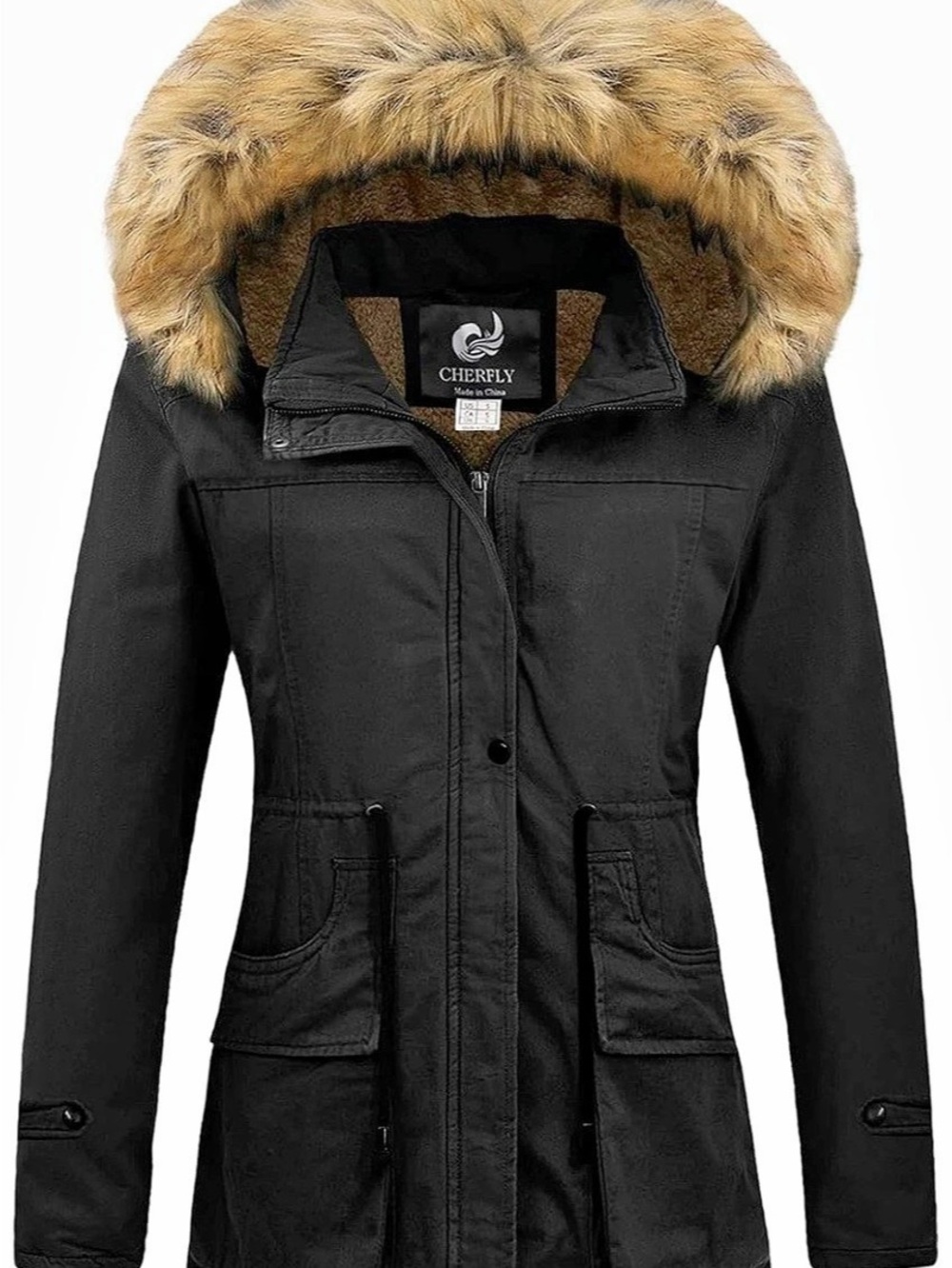 Curfly Faux Fur Hooded Lined Jacket in Black